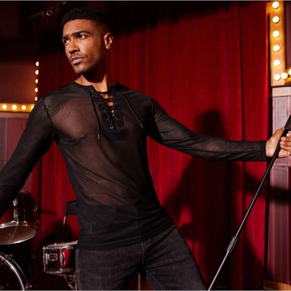 COOFANDY | Black V-Neck Lace Tie Mesh Pullover Stretch Fit Men’s Shirt - Picture 1 of 9